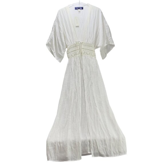 BLUE RAIN Women's Swimsuit Cover Ivory Dolan Sleeve Tie Crochet Waist Size XS - Picture 8 of 11